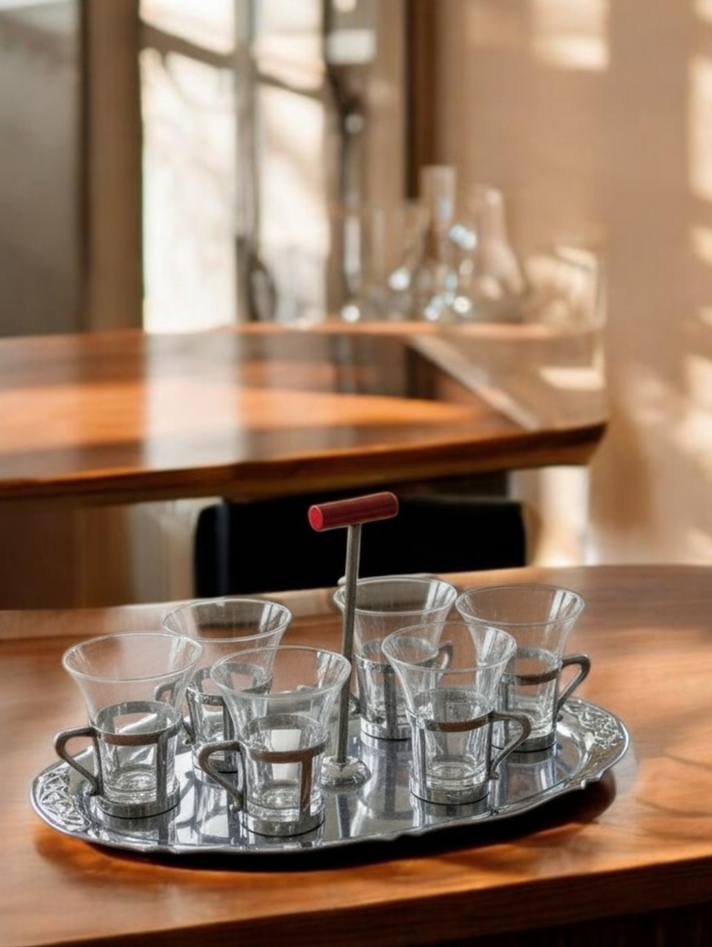 MCM Cordial Shot‎ Glass Set Silver Handles W Tray Osaka Japan 6 Pc Set 50s 60s